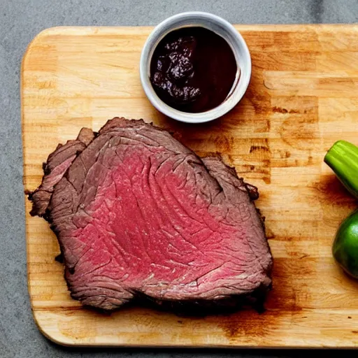 Image similar to chuck roast norris, food photo of chuck norris face in chuck roast