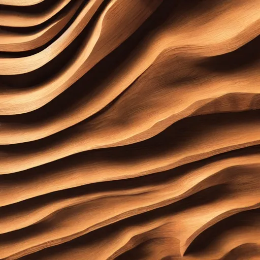 Prompt: a wood sculpture in the shape and texture of waves, deep and expressive grain patterns, volumetric lighting, light rays, photorealistic, ultrarealistic, coronarender, 8k