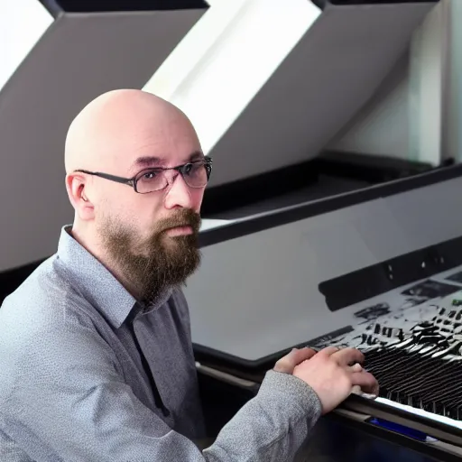 Prompt: High resolution!! Typical bald experimental electronic musician at laptop!! profile picture, 8K, Canon