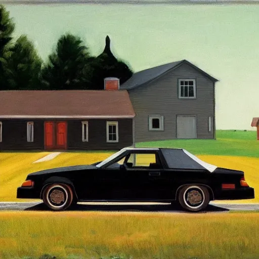 Prompt: a black 1990 Thunderbird super coupe parked in front of a rural farmhouse, painted by Edward hopper