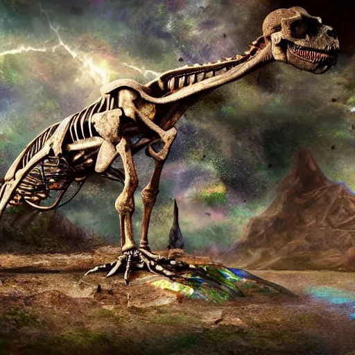 Prompt: a dinosaur skeleton on a quartz cracked geode, iridescent colors, fairy atmosphere, matte-painting