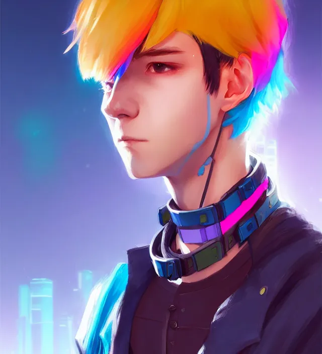 Image similar to character concept art of a cute young cyberpunk boy with colorful hair and collar | | cute - fine - face, pretty face, key visual, realistic shaded perfect face, fine details by stanley artgerm lau, wlop, rossdraws, james jean, andrei riabovitchev, marc simonetti, and sakimichan, trending on artstation