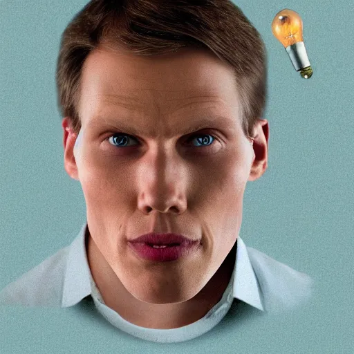 Image similar to A lightbulb with a face that looks like Jerma, the lightbulb has a face that looks similar to Jerma, the lightbulb is a lightbulb but it has a face and it looks like Jerma, Realistic, Hyperrealistic, Highly Detailed, Very Detailed, HD Quality, 8k Resolution, Digital Art, Oil Painting, Trending on Artstation, Real Life