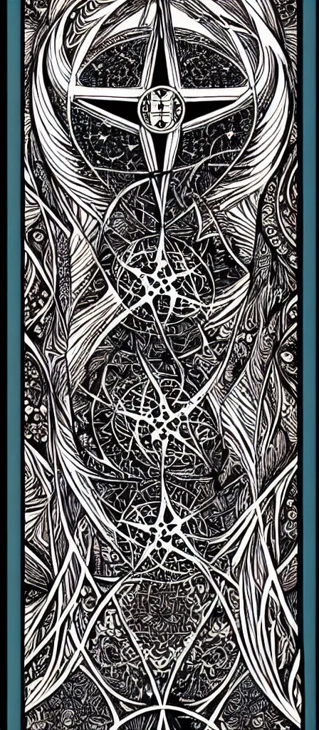 Prompt: a beautiful fractal tarot card featuring bold occult imagery with clean lines. skulls. punk. dimension. haeckel fish and sea creatures. detailed adult coloring book