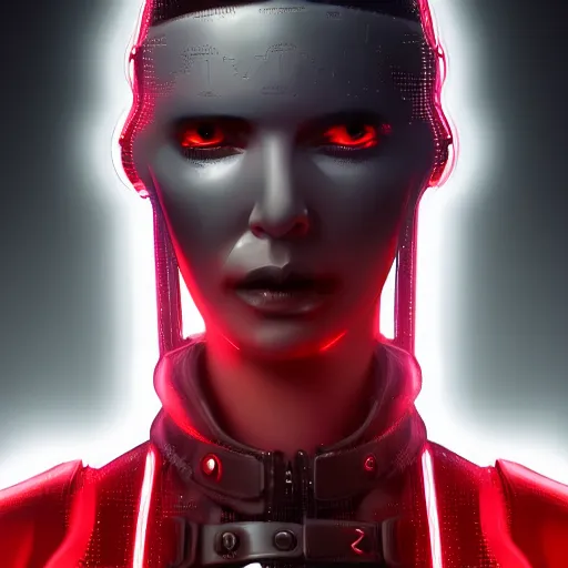 Image similar to realistic digital artwork of cyberpunk female wearing thick leather and steel collar, 4K, red highlights, symmetrical,