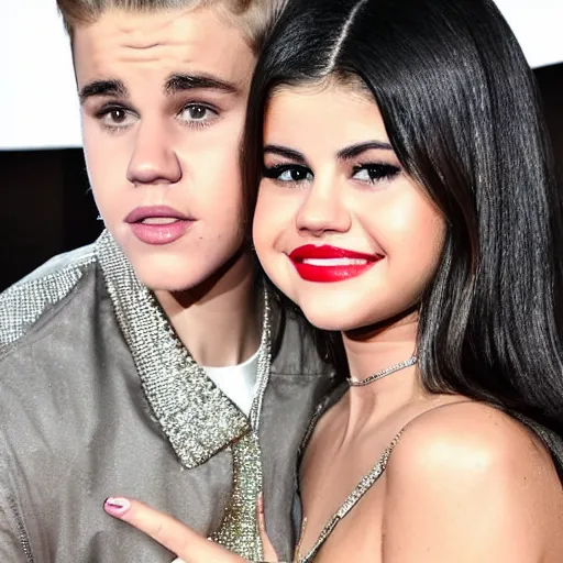 Image similar to justin bieber and selena gomez finally reunited in love in front of a lake during christmas at night