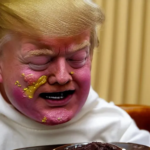 Image similar to crying donald trump in a highchair with chocolate pudding all over his face, gettyimages,