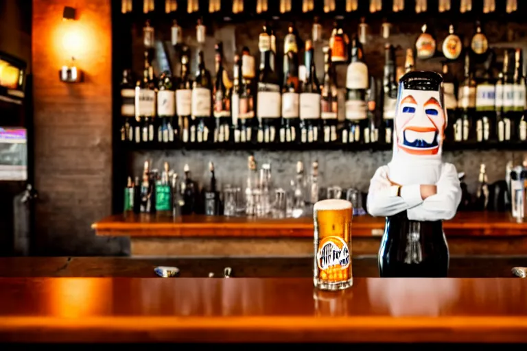 Prompt: a anthropomorphic bottle of beer, customer, stands in front of a bar waiting to be served by the bartender