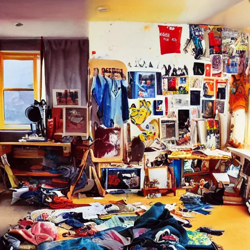 Prompt: a painting of a young teenagers messy bedroom, model airplanes, posters of airplanes, jets, kites, pile of clothes, un made bed, magazines, papers