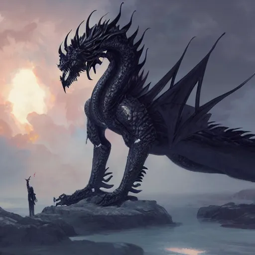 Prompt: the black dragon lies beside the world tree, and the sky is burning, by sung choi, by greg rutkowski.