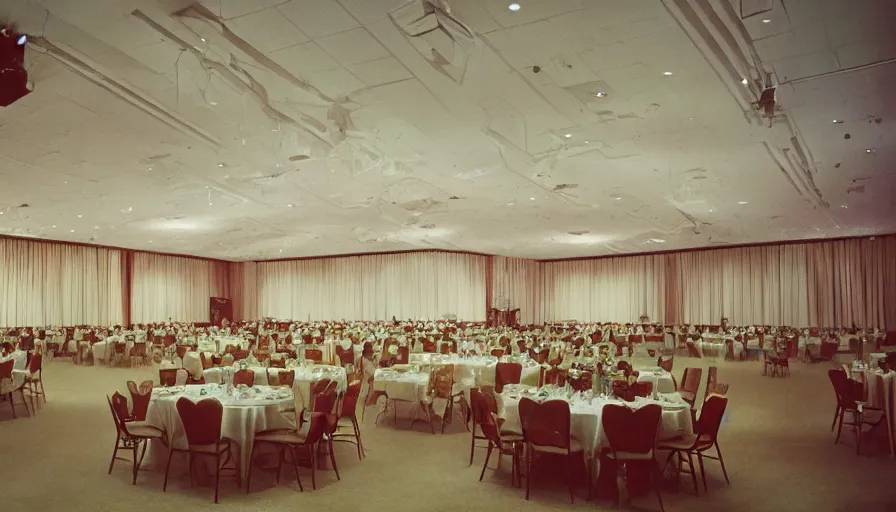 Image similar to 70s movie still of a ballroom with a very high ceiling, cinestill 800t Technicolor, heavy grain, high quality, criterion collection, liminal space style