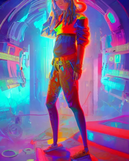 Image similar to colorful full body portrait of a hippie, set in the future 2 1 5 0 | highly detailed | very intricate | symmetrical | professional model | cinematic lighting | award - winning | painted by mandy jurgens | pan futurism, dystopian, bold colors, cyberpunk, groovy vibe, anime aesthestic | featured on artstation