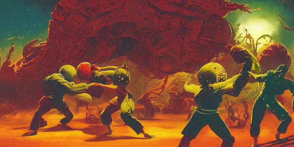 Prompt: digital illustration of a aliens doing mixed martial arts and basketball by paul lehr and chris moore and michael whelan, mix of styles, highly detailed, intricate, studio ghibli color scheme