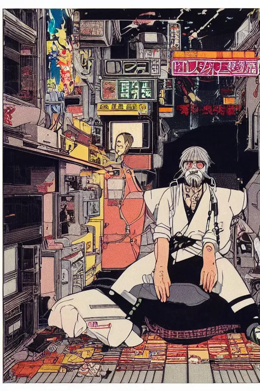 Image similar to awe-inspiring 1980s Japanese cyberpunk style illustration of a grandfather with a beard sitting on the floor by Masamune Shiro and Katsuhiro Otomo, studio ghibli color scheme, dark, complex