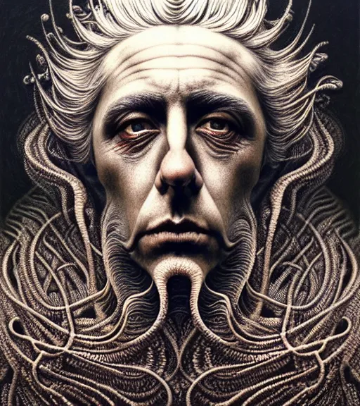 Image similar to detailed realistic rick sanchez face portrait by jean delville, gustave dore, iris van herpen and marco mazzoni, art forms of nature by ernst haeckel, art nouveau, symbolist, visionary, gothic, neo - gothic, pre - raphaelite, fractal lace, intricate alien botanicals, ai biodiversity, surreality, hyperdetailed ultrasharp octane render