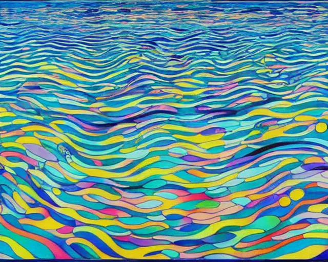 Image similar to Ocean waves in a psychedelic dream world. Edvard Munch. David Hockney. Takashi Murakami. Minimalist.