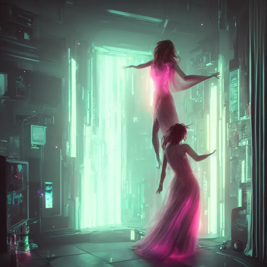 Image similar to woman wearing a gown dancing in her bedroom, during the night, cyberpunk, neon, very detailed, artstation, soft lights, sharp focus, 8 k, unreal engine, heavy grain, fine facial features