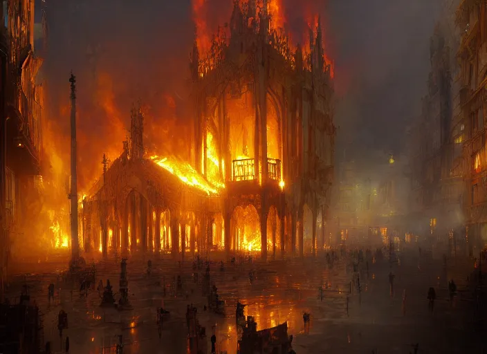 Prompt: the rich golden house burns in fire, volumetric lighting, digital painting, highly detailed, artstation, sharp focus, illustration, concept art, ruan jia, steve mccurry, amazing composition, gothic arch frame