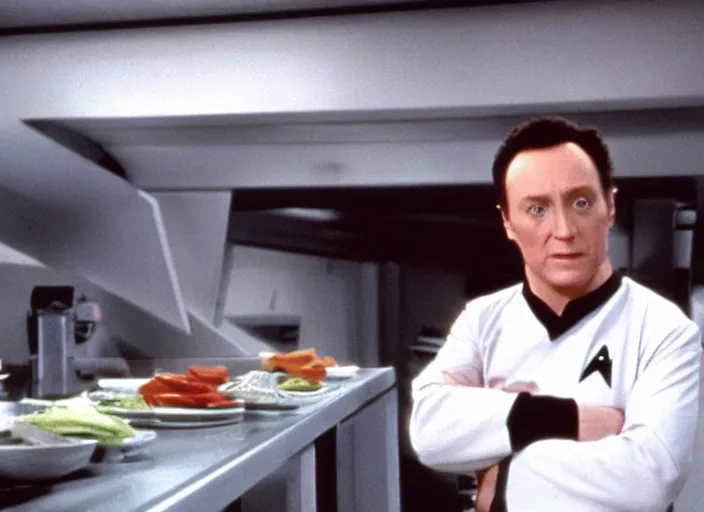 Image similar to film still of Data working as a short order cook in Star Trek the Next Generation