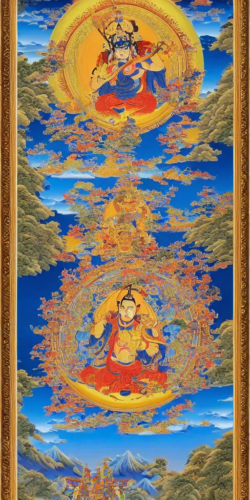 Image similar to a Beautifully exquisite WUKONG Thangka, with intricate details and bright colors. The background is a deep blue, with mountains and clouds. The thangka is framed in a gold border, from which rays of light are emanating, by WU DAOZI, zhang xuan, qiu ying, Chris Saunders,