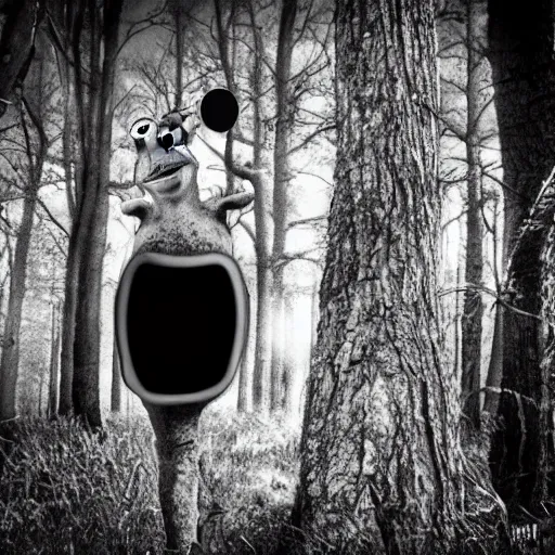 Prompt: shrek b & w trail cam, scary, found footage