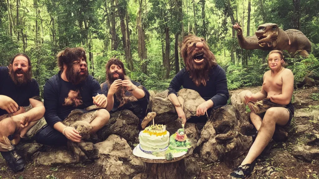 Image similar to photo, three hairy fat neanderthal people, emma!! watson!!, eating outside, surrounded by dinosaurs!, gigantic forest trees, sitting on rocks, bright moon, birthday cake on the ground, front view