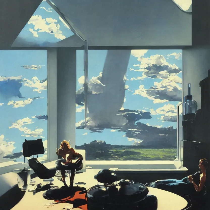 Image similar to a futuristic minimalist lounge room with a big window, wide open meadow. billowing clouds in the sky. highly detailed science fiction painting by norman rockwell, frank frazetta, and syd mead. rich colors, high contrast, gloomy atmosphere. trending on artstation.