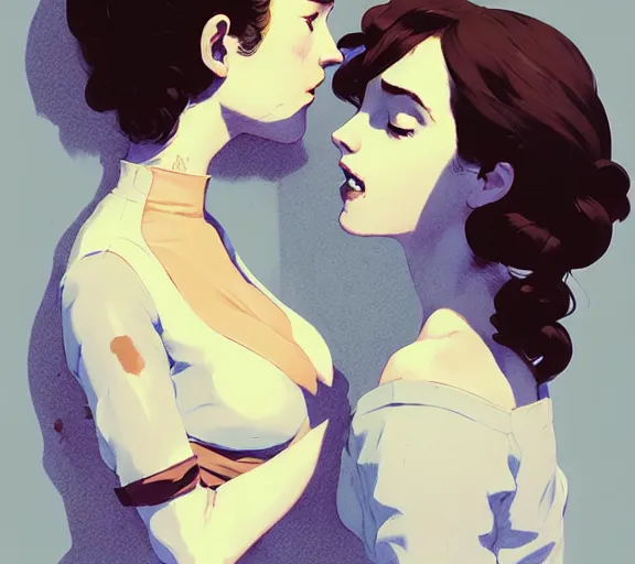Image similar to portrait of elizabeth kissing darcy by atey ghailan, by greg rutkowski, by greg tocchini, by james gilleard, by joe fenton, by kaethe butcher, dynamic lighting, gradient light blue, brown, blonde cream and white color scheme, grunge aesthetic
