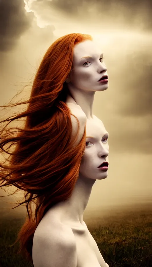 Prompt: photo of a gorgeous young caucasian redhead girl , full body, high fashion model, searching for eternity, skulls around, cloud goddess, duality, far away dreamy atmosphere, rays of light, deep shadows, demons in the style of stefan kostic, hyper realistic, sharp focus, 8k high definition, high fashion, vogue, insanely detailed, intricate, elegant, art by stanley lau and artgerm, brom