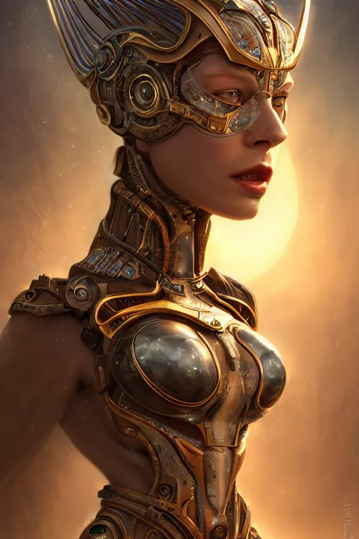 Image similar to portrait of a beautiful female hybrid cyborg atlantean anubis hada elsa jean alien warrior, regal, realistic, refined, detailed, digital art, jessica rossier, michael cheval, esao andrews, steampunk, walt disney ( 1 9 3 7 ), francois boucher, oil painting, highly detailed, cinematic lighting, unreal engine, 8 k, hd