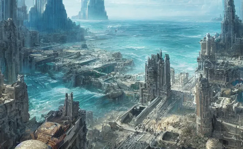 Prompt: The city of atlantis rising from the ocean, a fantasy digital painting by Greg Rutkowski and James Gurney, trending on Artstation, highly detailed, high resolution