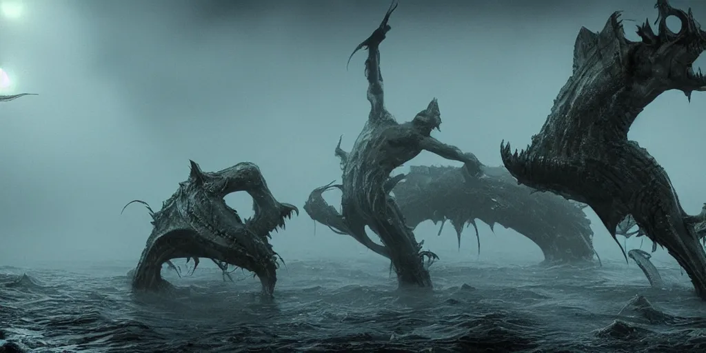 Prompt: the shadow over innsmouth, innsmouth dwellers, mutant fishmen, grand imposing powerful sculpture. swirls of mist. occult photorealism, uhd, amazing depth, volumetric lighting, cinematic lighting. epic landscape.