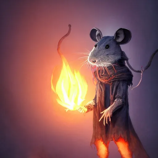 Prompt: photo of a ghostly rat with glowing red eyes, wearing tattered black burlap robes, floating in mist, clutching a blue flame in each hand, anthropomorphic rat, skaven, master splinter, nicodemus, photorealistic, artstation