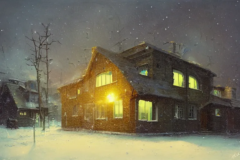 Image similar to cyberpunk, winter in the snow, external view of a 5 bedroom detached cyberpunk countryside house in the UK, by Paul Lehr