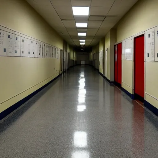 Image similar to the interior of an empty school hallway, small, cramped, dim fluorescent lighting