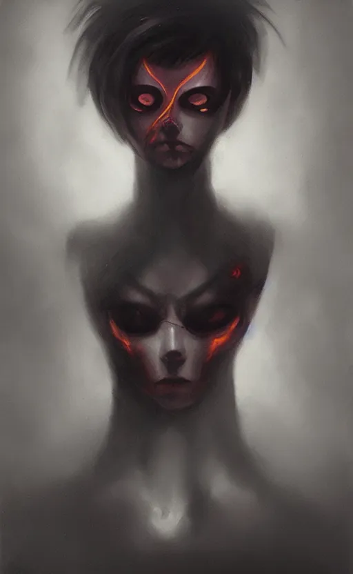 Prompt: dark portrait painting of tracer from overwatch, in style of zdzisław beksinski, scary, horror, overwatch tracer,