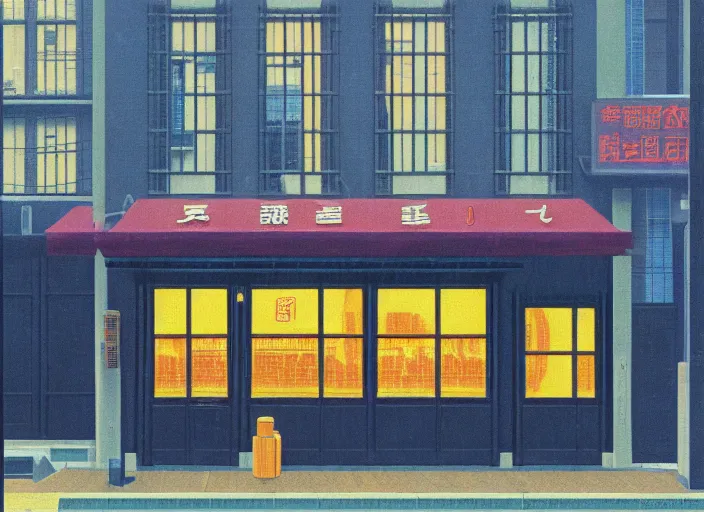 Image similar to exterior of an open cyberpunk ramen place during a rainy night by rene magritte