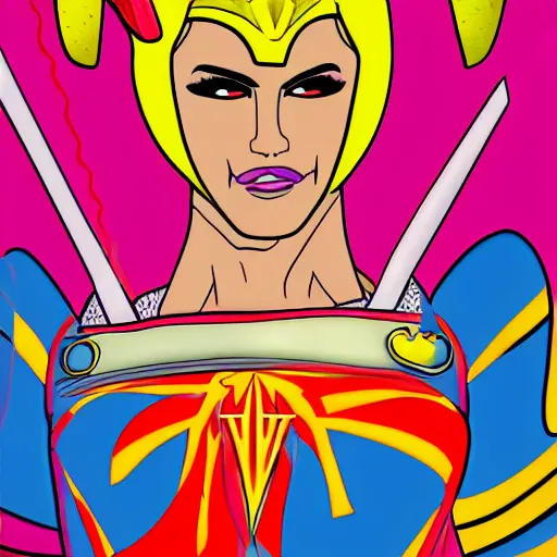 Prompt: Freddy Mercury as She-Ra, the princess of power, cartoon style, vibrant colors