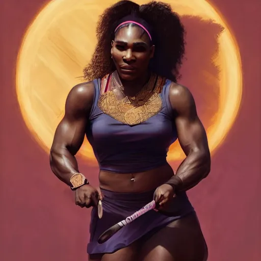 Prompt: portrait of Serena Williams as a warrior woman holding a racket, looking at camera, D&D, intricate, elegant, stylish, serious expression, fantasy, extremely detailed, digital painting, artstation, concept art, smooth, sharp focus, illustration, stunning lighting, art by artgerm and greg rutkowski and alphonse mucha and simon stalenhag.