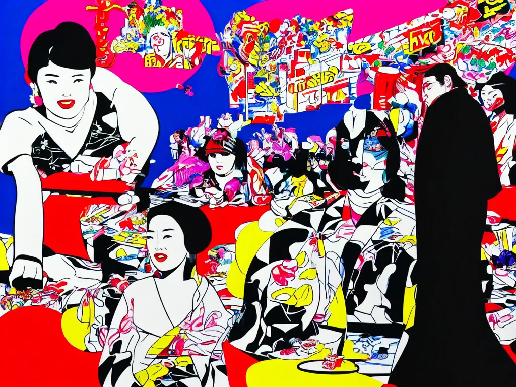 Image similar to hyperrealistic composition, in the middle a woman in a japanese kimono, behind her stands darth vader, in front of her a table from the casino, in the background is mount fuji and fireworks, pop - art style, jacky tsai style, andy warhol style, roy lichtenstein style, round canvas, acrylic on canvas