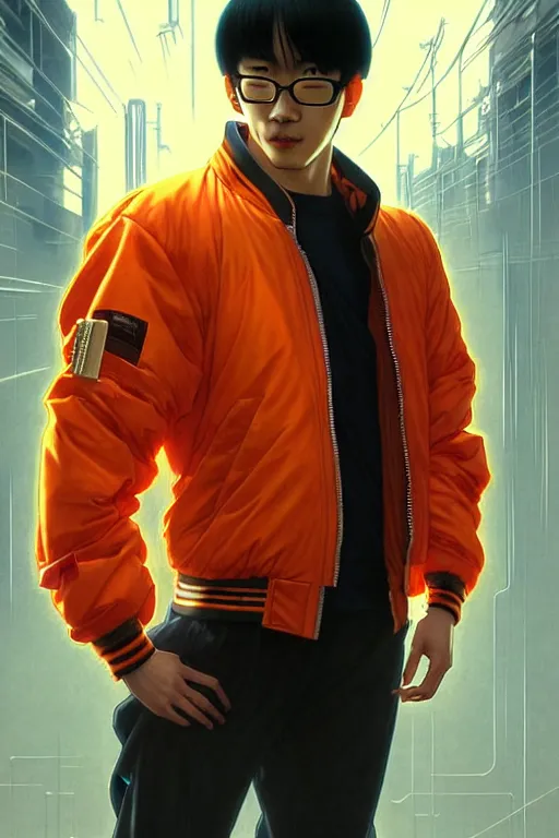 Image similar to a japanese man with short black hair, broad shoulders, thick round spectacles, wearing a bright orange bomber jacket, seductive cyberpunk dark fantasy, art by artgerm and karol bak and moebius and alphonse mucha and greg rutkowski, hyperdetailed, ultrarealistic, octane render