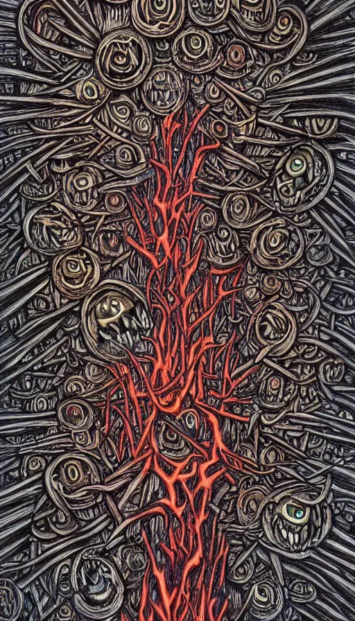 Prompt: a storm vortex made of many demonic eyes and teeth over a forest, by alex grey,