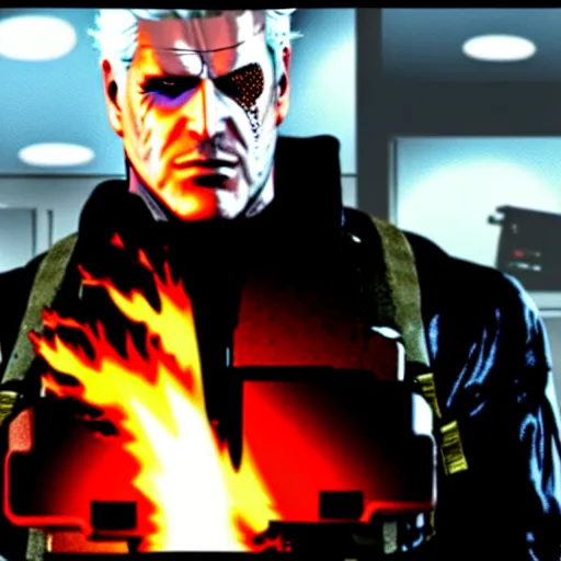 Image similar to drebin metal gear solid trying to build a desktop computer on fire, close up