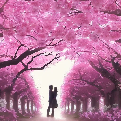 Image similar to aromatic pink sakura trees in the soft light of the moon, an anime scene of a young couple under the trees, in a traditional Japanese setting, art by Vivi Ornitier, otaku, weeb, weeaboo, Japan, Cherry blossoms, sakura