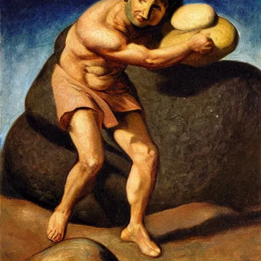 Image similar to a painting of benjamin netanyahu as sisyphus, carrying large boulder up a mountain, by franz stuck