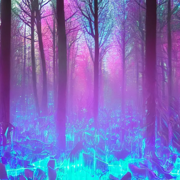 Image similar to crystal forest, neon glare, nacreous flare
