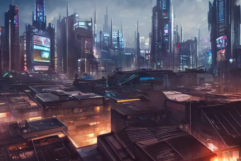 Image similar to rooftop view of a futuristic cyberpunk city highly detailed, photorealistic portrait, bright studio setting, studio lighting, crisp quality and light reflections, unreal engine 5 quality render