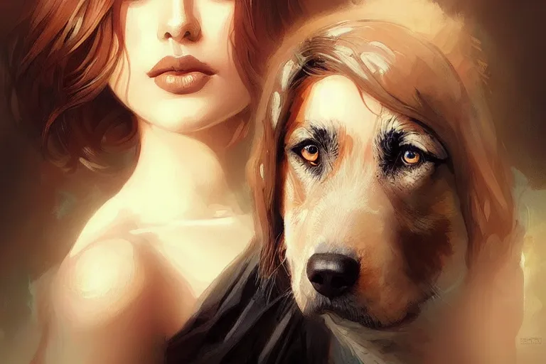 Image similar to sensual good looking pale young bengali girl with soulful eyes with a majestic german shepherd, portrait, elegant, intricate, digital painting, artstation, concept art, smooth, sharp focus, illustration, art by artgerm and greg rutkowski and alphonse mucha