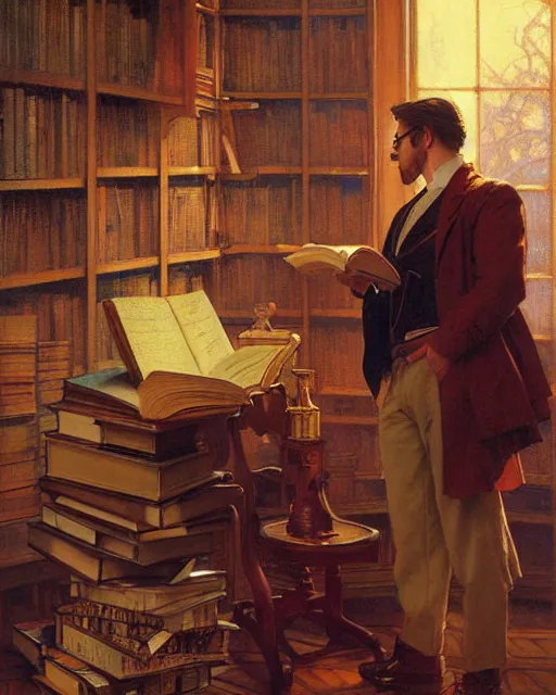 attractive librarian man pulling a book from a shelf, | Stable ...