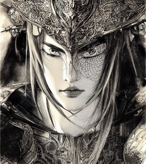 Prompt: portrait of anime woman wearing witch hat in armor, pen and ink, intricate line drawings, by craig mullins, ruan jia, kentaro miura, greg rutkowski, loundraw